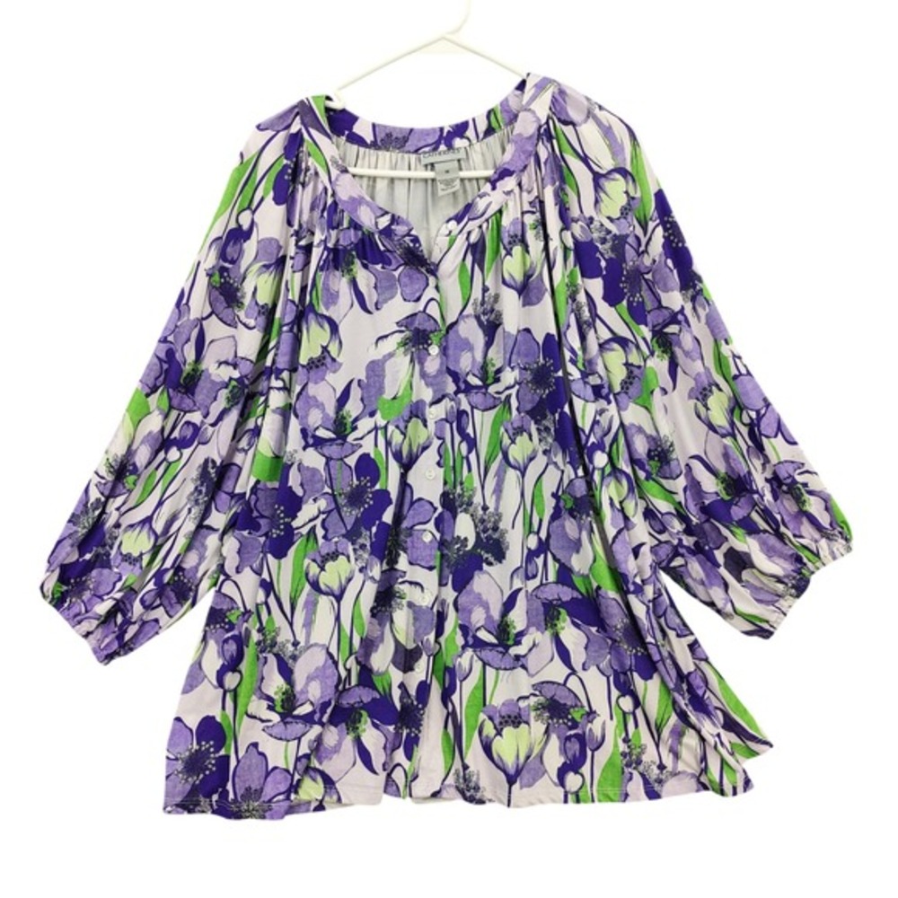 Catherines Women Romantic Floral Cottage Balloon Sleeve Plus 3X Tunic Top Green